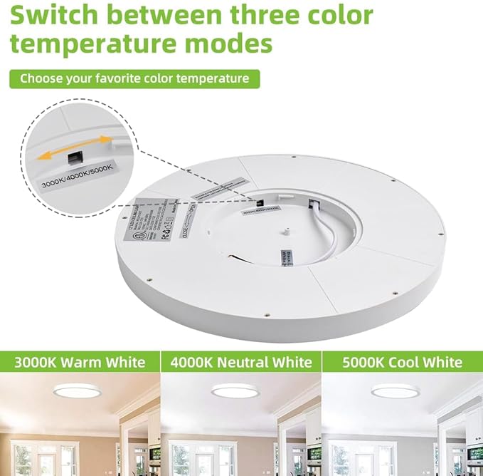 hykolity 2 Pack 12 Inch Selectable CCT LED Round Flat Panel Light, 24W 3000K/4000K/5000K, Edge-Lit Flush Mount Ceiling Light Fixture for Kitchen, Bedroom, Laundry and Closet Room，White