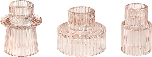 WELLIFE Pink Candlestick Holders, 3 Pcs Glass Candle Holder,Taper Candle Holder for Table Centerpieces Home Bedroom, Valentine's Day Decoration