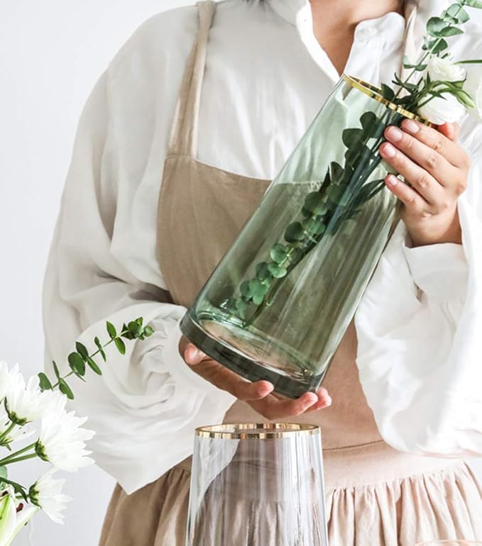 10“ Green Glass Vase with Gold Mouth for Centerpieces Home Wedding Decoration