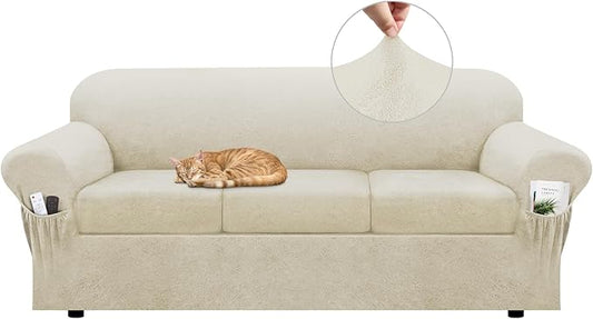 Sofa Slipcover with Armrest Pockets 4-Piece Set, Stretch Faux Leather Couch Cover for 3-Cushion Couches(Fits 72-92") - Non-Slip, Machine Washable, Pet & Kid Friendly - Beige