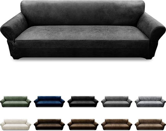Oversized Sofa Slipcover Leather Look Couch Cover for 4 Seater Sofa 1-Piece Sofa Cover Stretch Furniture Protector with Elastic Bottom & Pockets(XL Sofa, Dark Grey)