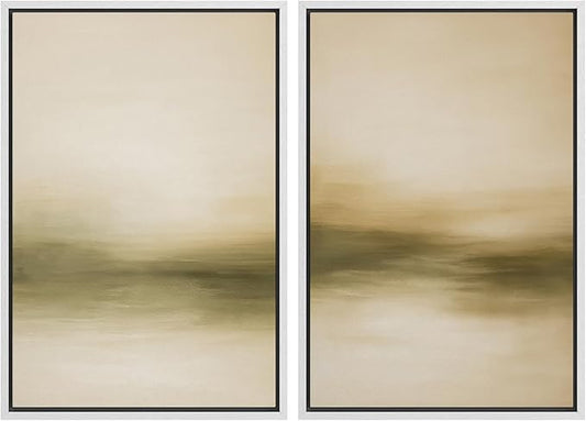 SIGNWIN Framed Canvas Print Wall Art Set Golden Horizon Mist Neutral Beige and Olive Gradient Abstract Landscape Zen Bohemian for Living Room, Bedroom, Office - 16"x24"x2 WHITE