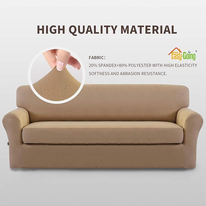 Easy-Going 2 Pieces Microfiber Stretch Sofa Slipcover – Spandex Soft Fitted Sofa Couch Cover, Washable Furniture Protector with Elastic Bottom Kids,Pet (Oversized Sofa, Camel