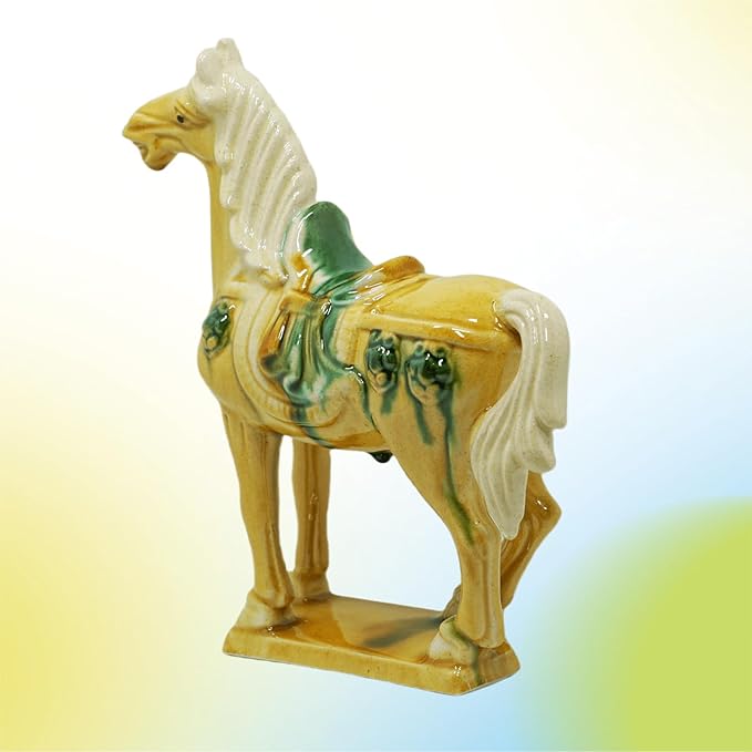 Handmade -Tang Dynasty Tri-Color Horse Sculpture Ceramic Horse-19cm Cultural Art Piece for Home,Bookcase or Office Decor (Yellow)