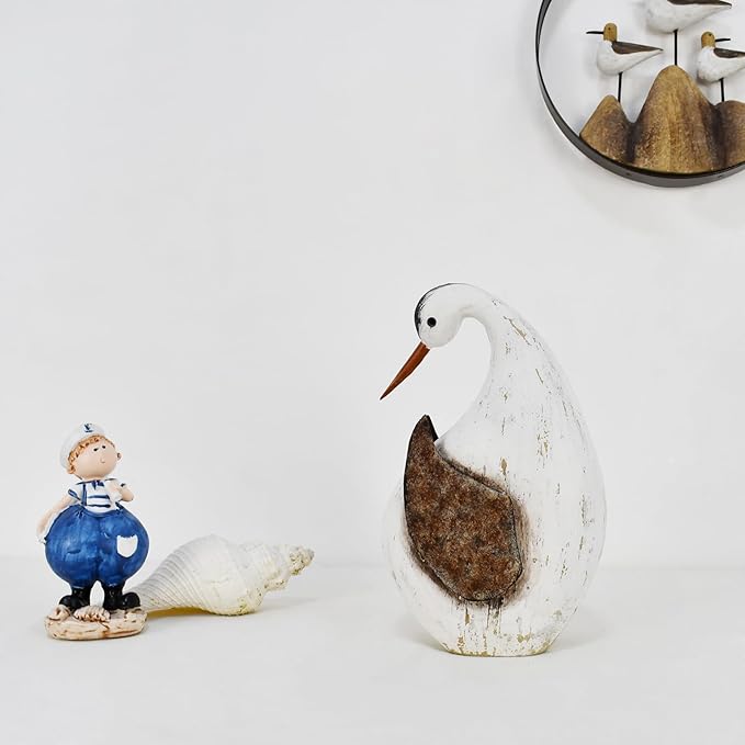 Veclotch 8.65"" H Nautical Wood Beach Sea Bird Table Statue Decorative Seabird Figurine Handmade Sculpture Rustic Distressed Farmhosue Nautical Bird Statue Sea Ocean Coastal Home Decoration (L)