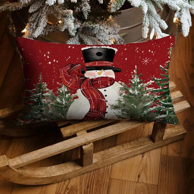 Christmas Pillow Cover 12X20 Colorlife Snowman Tree Snowflake Lumbar Pillow Cover Decorations Throw Pillow Covers Farmhouse Pillows Decorative for Sofa Winter Home Decor