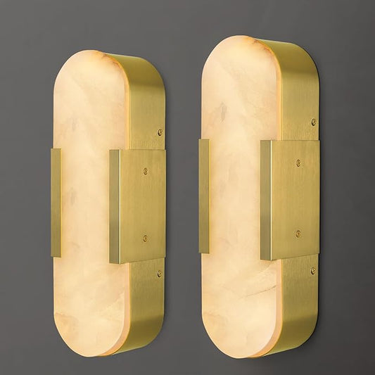 Alabaster Wall Sconce, 13.8" Natural Marble Wall Sconce, Brass Alabaster Sconces Set of Two, Indoor Modern Bathroom Sconces Wall Lighting for Living Room, Bedroom, Hallway, Stairs