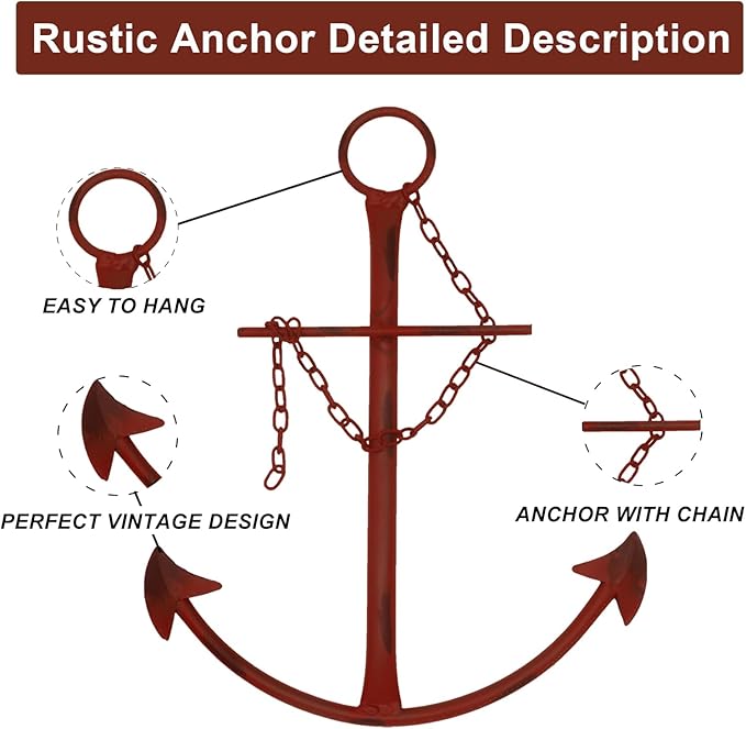 Fleecy day Nautical Anchor Wall Decor, 13in Antique Metal Anchor Art, Vintage Wall Hanging Decor for Bedroom, Living Room, Dorm