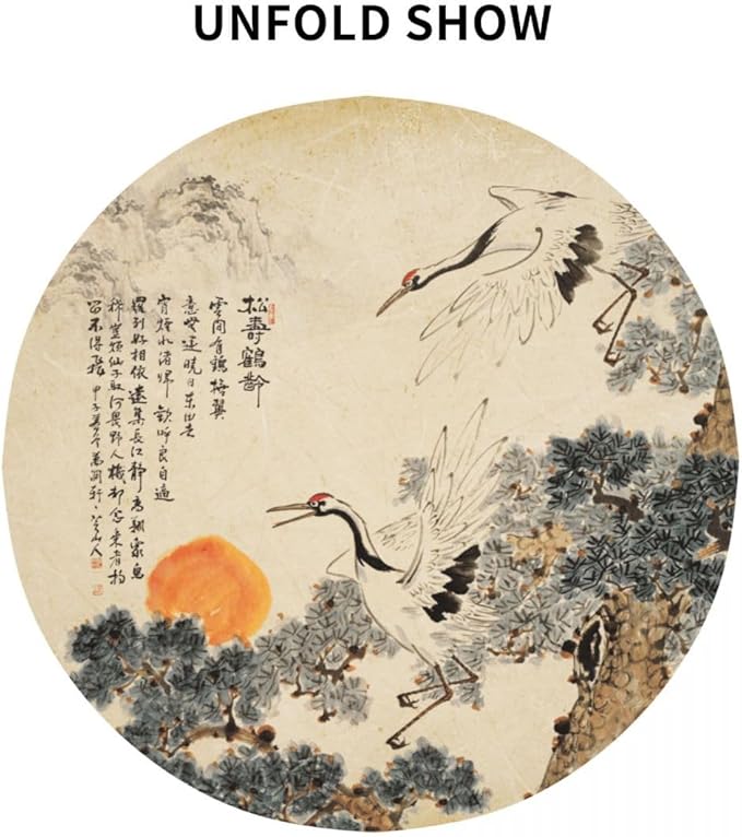 Japanese Tablecloth, Traditioanal Chinese Landscape Oriental Crane Vintage Ink Painting Water Resisitant Wipeable Table Cover for Dining Kitchen Living Room Home Party Holiday Decor 36 inch Round