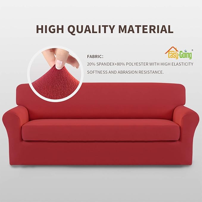 Easy-Going 2 Pieces Microfiber Stretch Sofa Slipcover – Spandex Soft Fitted Sofa Couch Cover, Washable Furniture Protector with Elastic Bottom Kids,Pet (Oversized Sofa, Christmas Red)