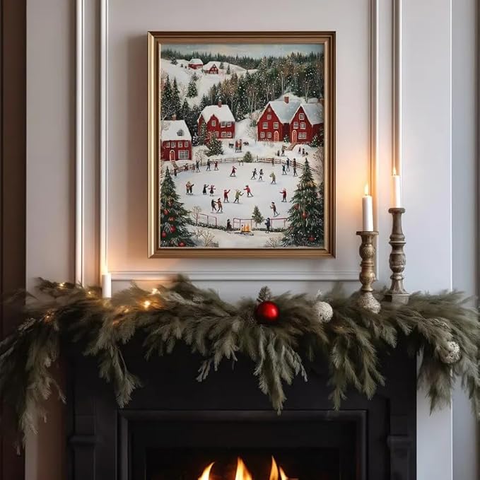 OZCONO Snowy Christmas Village Wall Art, Cozy Xmas Holiday Decor, Nordic Winter Town Scene with Ice Skating, Seasonal Home Artwork, Festive Scandinavian Cabin Accent (Unframed) (9x11)