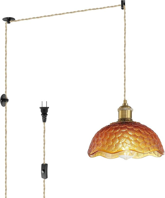 Plug in Pendant Light Fixtures: Hanging Lamp Plug in Amber Scindapsus Pendant Lamp, Hanging Light for Kitchen Island, Bedroom, Dining Room, Living Room, E26 No Bulb