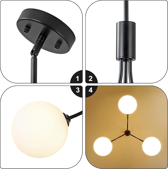 Modern Black Chandelier 3-Light Sputnik Globe Glass Ceiling Light Fixture, Mid Century Vintage Pendant Light for Dining Room, Adjustable Hanging Farmhouse Chandelier for Kitchen, Office, Entryway