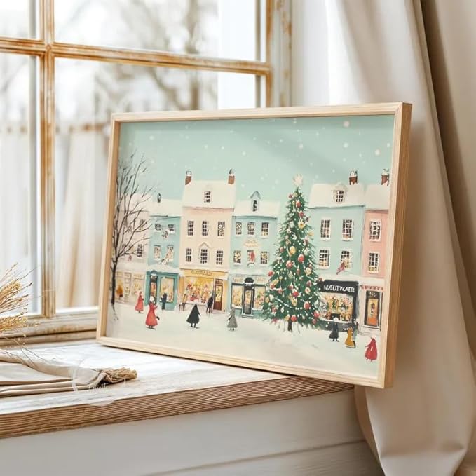 OZCONO Snowy Christmas Village Art Print for Winter Home Decor, Festive Holiday Town Scene Wall Art, Farmhouse Christmas Decoration, Cozy Seasonal Interior Artwork (Unframed) (24x36)