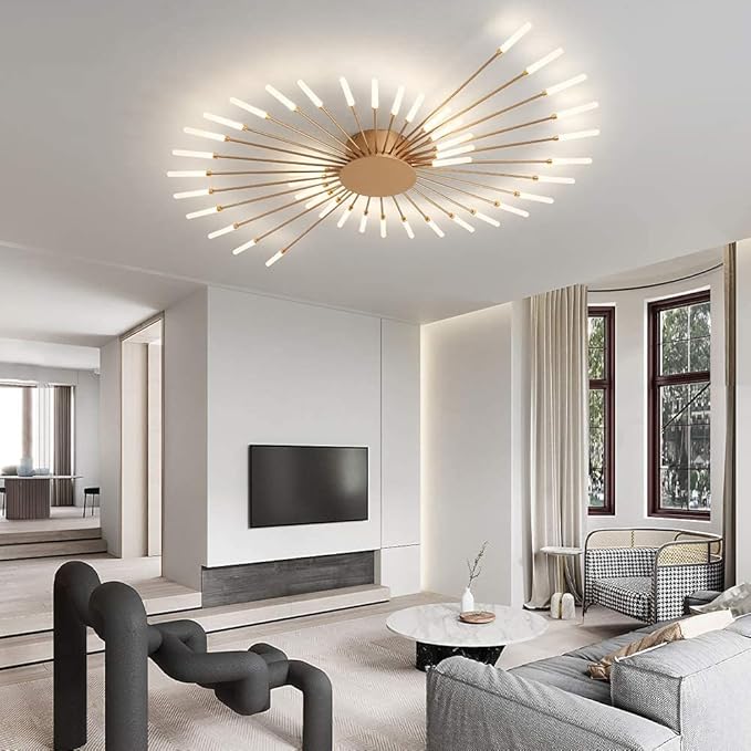 JAYMP Ceiling Light Modern Flower Shape Ceiling Lamp for Living Room Dining Room Flush Mount Metal Acrylic Sputnik Firework Petal LED Lighting Fixture (Matte Gold, 42 Lights)