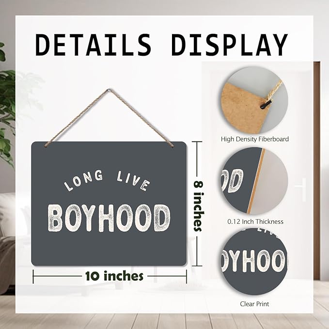 Udinaz Long Live Boyhood Boys Room Hanging Sign, Playroom Wall Decor, Kids Room Hanging Wood Plaque Decor for Boys Toddler Nursery Bedroom Playroom Wall Door Decorations
