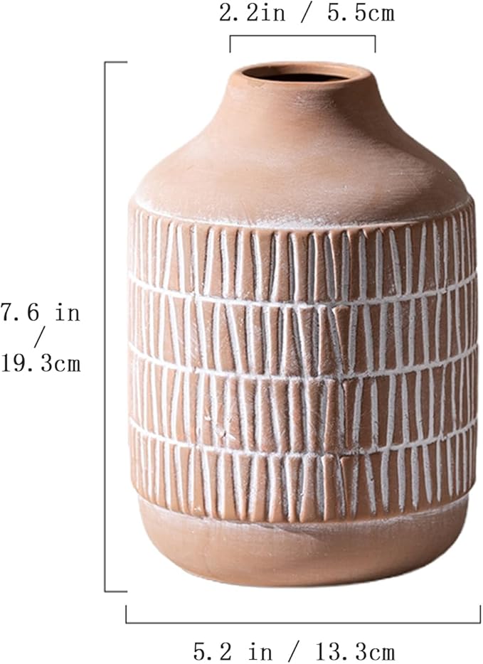 Ceramic Rustic Farmhouse Vase, Boho Pottery Flower vase for Home Decor, Living Room,Entryway, Shelf Decor, Mantel, 7.6 Inch