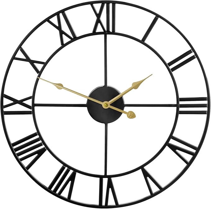 Large Wall Clock, Metal Retro Roman Numeral Clock, Modern Round Silent Wall Clocks, Easy to Read for Living Room/Home/Kitchen/Bedroom/Office/School Decor (Black, 18.5 Inch)