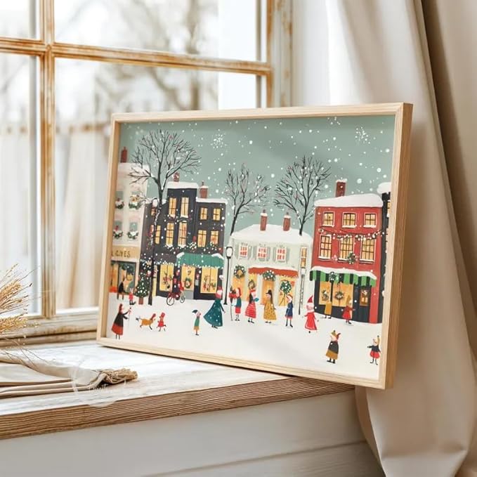 OZCONO Retro Christmas Village Art, Festive Winter Town Decor, Cheerful Holiday Home Accent, Snow Noel Print, Charming Seasonal Wall Artwork for Cozy Interior Style (Unframed) (16x24)