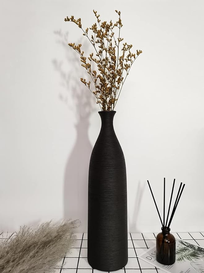 Modern Black Ceramic Vase, 13.3 inch Small Narrow Neck Vases, Ceramic Flower Vases Decorative, Fireplace, Table Decor, Modern Farmhouse Decor Vase
