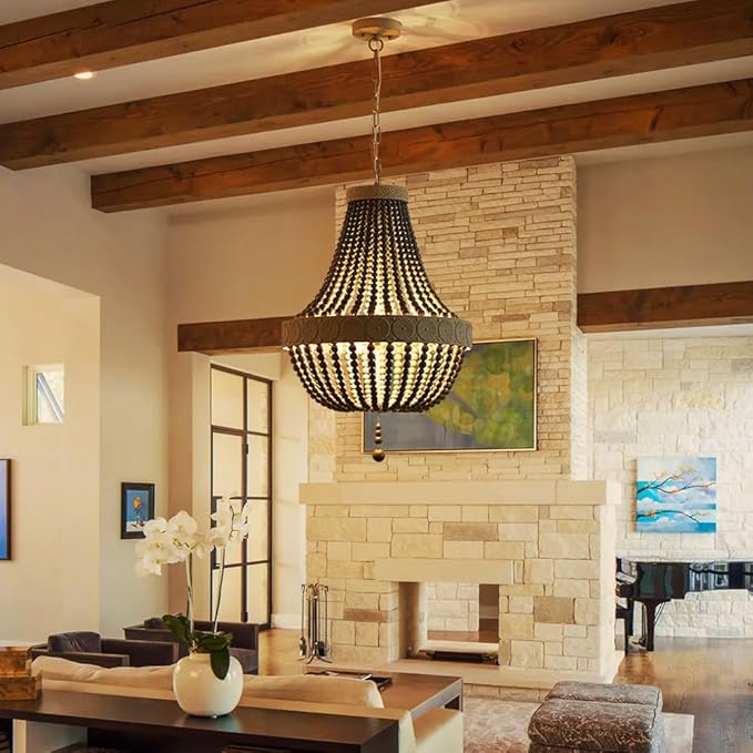Saint Mossi Farmhouse Chandeliers, Vintage Design Wood Bead Pendant Light Fixture, D18 x H26, Adjustable 59" Chains, 4 x E12 Sockets, Rustic Black Finish Bead & Dirt Grey Finish Metal Frame