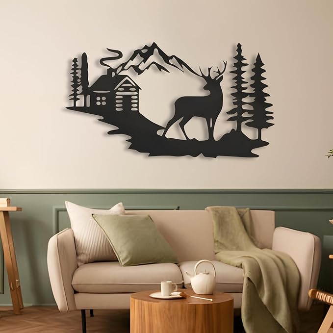 kuestboy Metal Wall Art Deer Forest Landscape, Mountain Cabin Scene Wildlife Design, Handcrafted Steel Wall Sculpture for Lodge, Cabin, Rustic Home Decor (30" X 17" | 76 X 42cm)