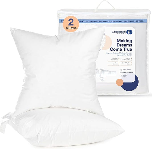 Continental Bedding | 50/50 Down and Feather Blend Throw Pillow Insert | 100% Cotton 250TC Shell | Medium Loft Decorative Cushion | 20x20 | 2 Pack
