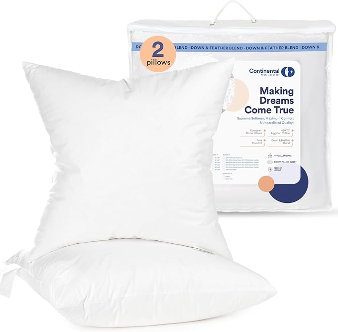 Continental Bedding | 50/50 Down and Feather Blend Throw Pillow Insert | 100% Cotton 250TC Shell | Medium Loft Decorative Cushion | 22x22 | 2 Pack