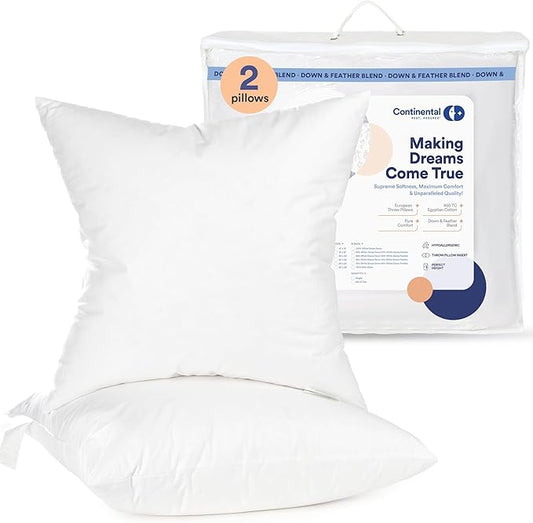 Continental Bedding | 50/50 Down and Feather Blend Throw Pillow Insert | 100% Cotton 250TC Shell | Medium Loft Decorative Cushion | 22x22 | 2 Pack
