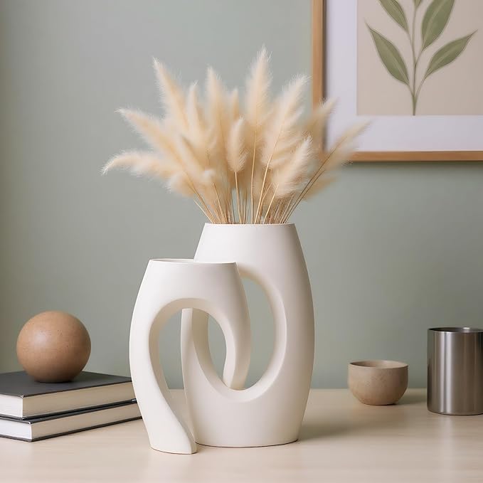Ceramic Vase Set of 2, Minimalist Neutral Clay Vases for Modern Home Decor, Aesthetic Decorative Centerpieces for Living Room, Bedroom, or Entryway