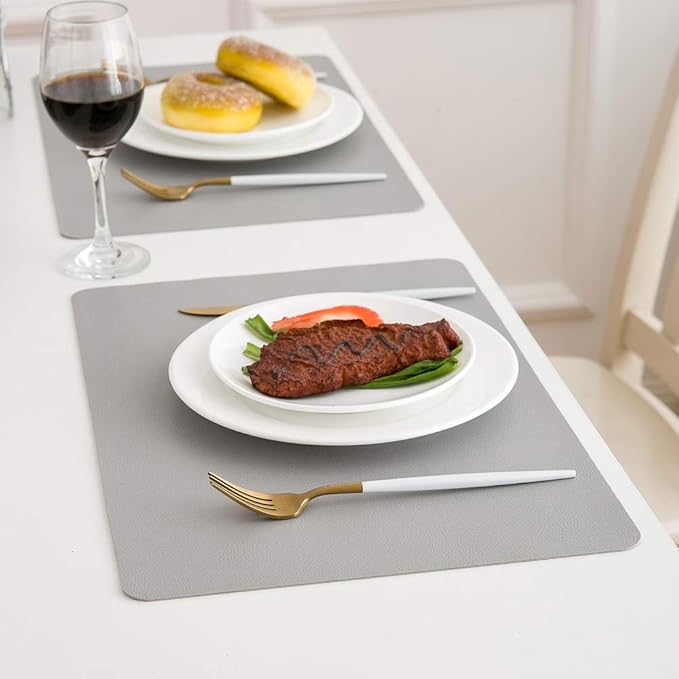 DOLOPL Faux Leather Placemats Set of 6, Heat Resistant Table mats - Anti Slip Table Place Mats, Washable Wipeable Outdoor Placemats for Kitchen Dining Room Table Decorations, Light Gray