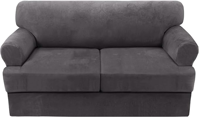 H.VERSAILTEX Sofa Cover 3 Piece T Cushion Loveseat Slipcovers Thick Velvet Couch Cover Stretch T Cushion Sofa Covers for 2 Cushion Couch with 2 Individual T Cushion Covers Washable, Grey