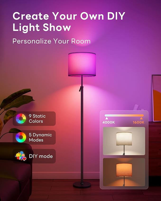 Floor Lamp for Living Room with RGBCW Color Changing Bulbs Dimmable, Adjustable Height Standing Lamp with Remote Control, 10W 1200 Lumen, Tall Lamp for Living Room, Bedroom, Office