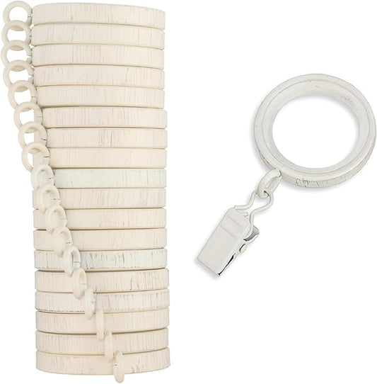 MODE Cambria Designer Series - Premium Easy Glide 18 Count Small Curtain Rings - Metal with Nylon Inserts and Clips - 1 inch Inner Diameter - use for rods 5/8" or Smaller - Weathered White