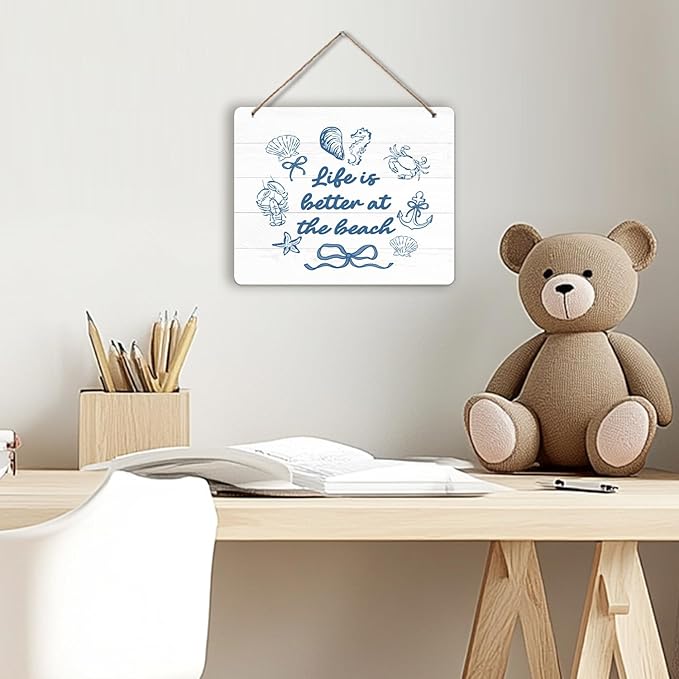 Udinaz Preppy Beach Hanging Sign, Coastal Beachy Wall Decor, Coquette Blue Bow Seashell Life Is Better at the Beach Hanging Wood Plaque Decor for Home Girls Bedroom Room Dorm Wall Door Decorations