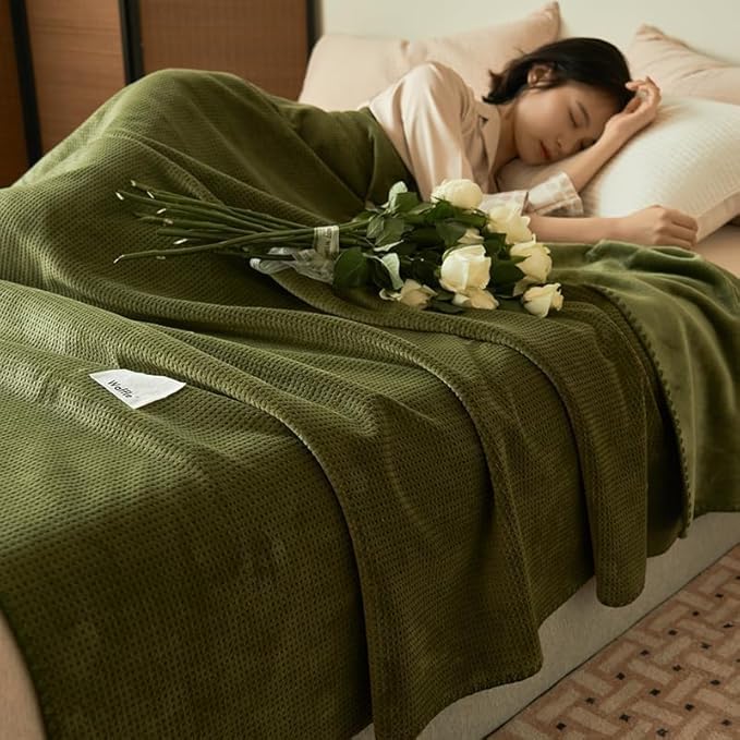 Luxury Super Soft Milk Flannel Velvet Waffle Weave Bed Twin Blanket for Couch Sofa Travel Picnics - Pet Cats Feeling - Nordic Modern Aetec Style - Lightweight Cozy Fluffy Comfy - Olive Green 60"x80"