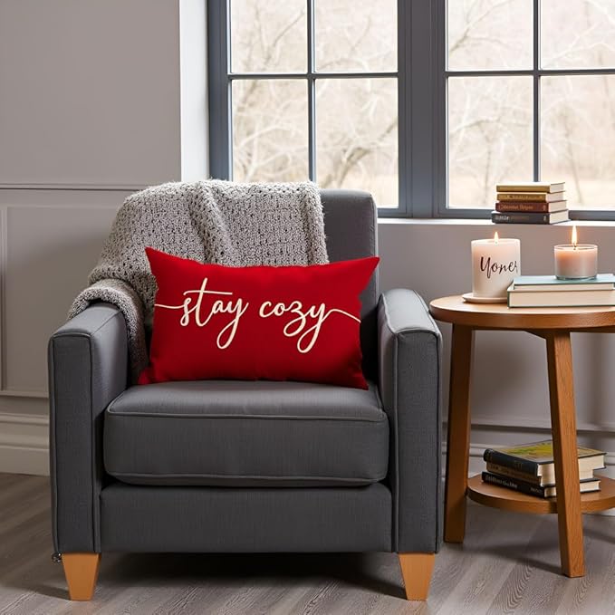 PANDICORN Red Pillow Cover 12x20 Inch, Stay Cozy Holiday Lumbar Decorative Cushion Case for Sofa Couch Bed, Christmas Farmhouse Decor for Living Room or Entryway Decorations