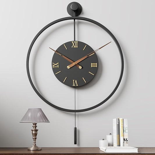 34.6×24 Inch Large Modern Decorative Oversized Pendulum Wall Clocks for Living Room,Big Minimalist Metal 3D Roman Numeral Dial,Classical Wall Clock With Walnut Pointers for Entryway,Dining Room Decor