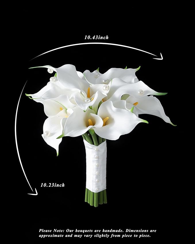 Round Bridal Bouquet:16 Stems White Calla Lily Pearl Bouquet EVA Real Touch-Wedding Bouquet for Bride/Bridesmaid