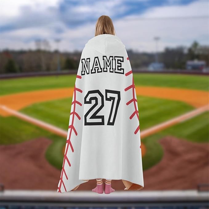 Personalized Baseball Hooded Blanket Custom Hooded Fleece Blanket with Name Softball Wearable Throw Blanket University Team Blanket Gift for Sports Fans Kids Women Adult Christmas, White