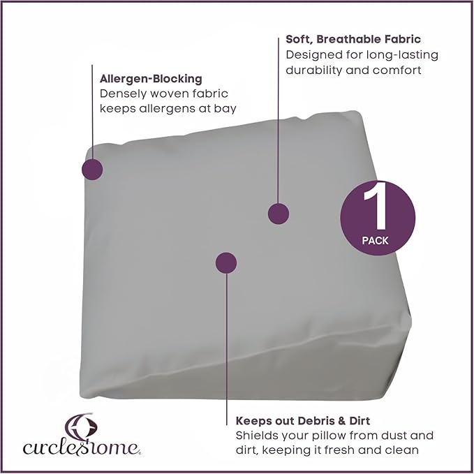 CirclesHome Wedge Pillow Cover 100% Cotton, Zippered Wedge Pillow Case Protector, Soft, Hypoallergenic & Breathable - Light Grey, (25Wx26Lx10)