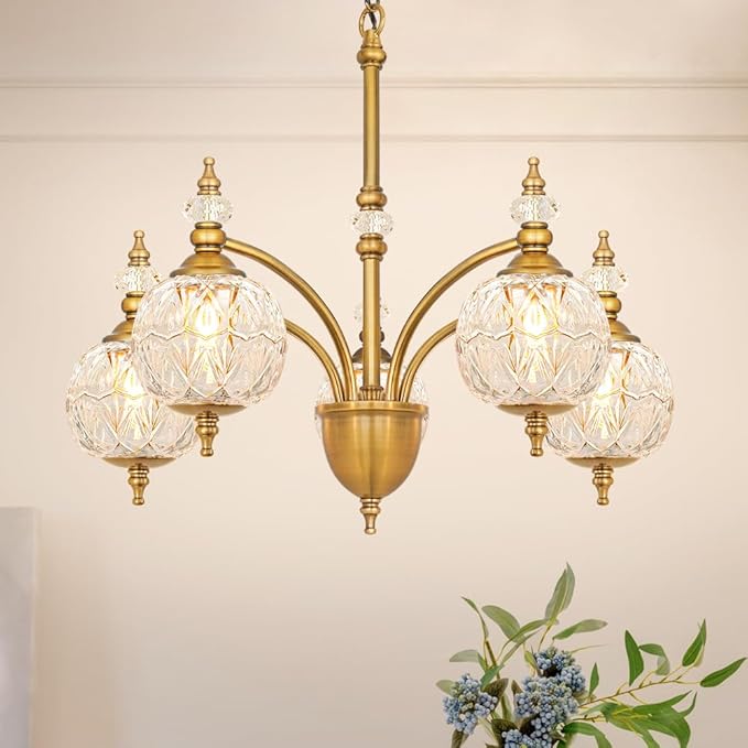 Vintage Brass Chandelier - Adjustable Height Dining Room Light Fixture with Handcrafted Blown Glass - 5-Light E26 Base, Ideal for Kitchen, Entryway, Bedroom, Enhances Luxury Home Decor for Discerning