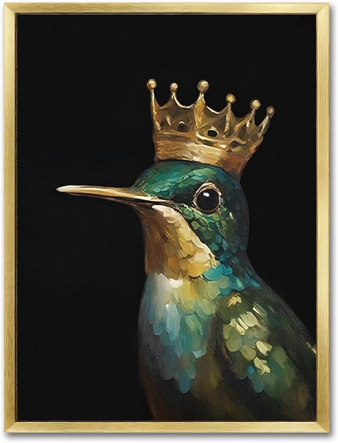 AIMAILON Vintage Gold Canvas Wall Art Framed Decor for Living Room - Hummingbird Birds King Wall Art, Retro Golden Wall Prints of Bird with a Crown, Modern Animal Bird Art Picture Bathroom Decor 12x16