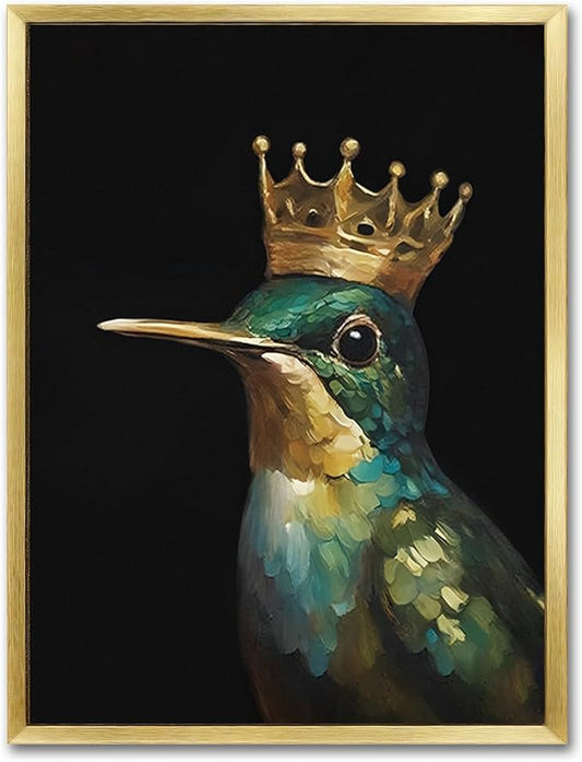 AIMAILON Vintage Gold Canvas Wall Art Framed Decor for Living Room - Hummingbird Birds King Wall Art, Retro Golden Wall Prints of Bird with a Crown, Modern Animal Bird Art Picture Bathroom Decor 12x16
