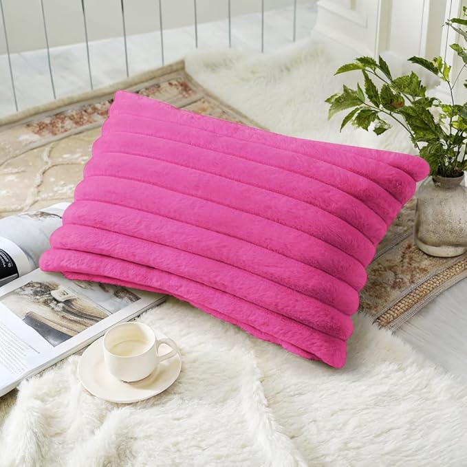decorUhome Faux Fur Christmas Throw Pillow Covers 12x20 Set of 2, Decorative Soft Plush Striped Lumbar Neutral Couch Euro Pillow Covers with Velvet Back for Sofa, Bed, Living Room Home Decor, Hot Pink