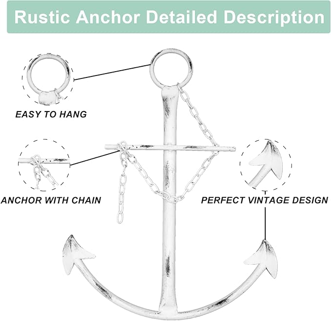 Nautical Anchor Art, Vintage Metal Anchor With Chain, 13in Decor for Bedroom, Living Room, Dorm
