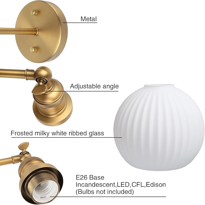 PERMO Vintage Wall Sconce Bedroom Sconce Globe Vanity Wall Light Milk White Glass Shade Wall Light Lamp Fixture (Antique Gold)