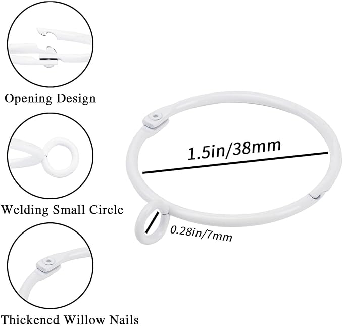 Openable Curtain Rings with Eyelet,24PCS White Curtain Rings,Drapes Rings 1.5 in Interior Diameter,Hinge Snap-Joint Design, Fits Curtain Rods Up to 1.25 Inches TXZWJZ