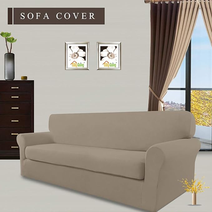 Easy-Going 2 Pieces Microfiber Stretch Sofa Slipcover – Spandex Soft Fitted Sofa Couch Cover, Washable Furniture Protector with Elastic Bottom Kids,Pet (Sofa, Natural)