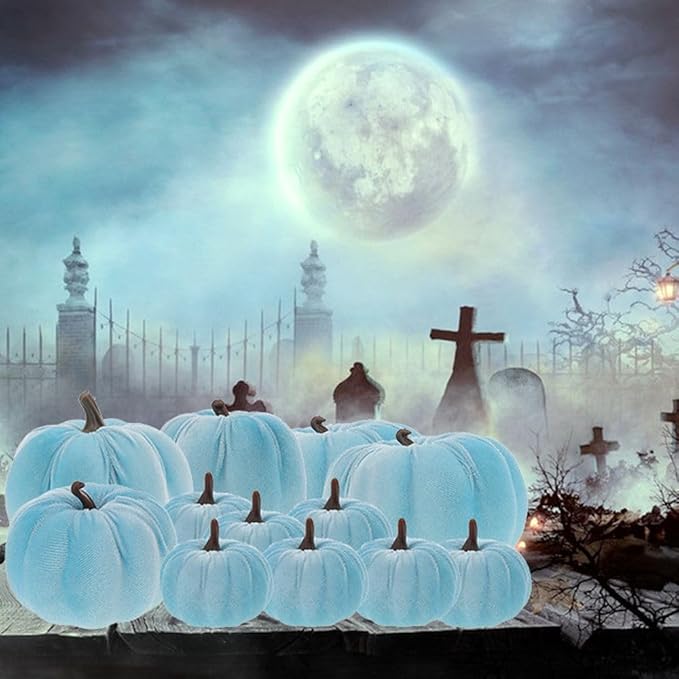 Artificial Velvet Pumpkins Fake 12Pcs Assorted Halloween Thanksgiving Handmade Autumn Centerpiece Decorating for Kitchen Table Wedding Blue